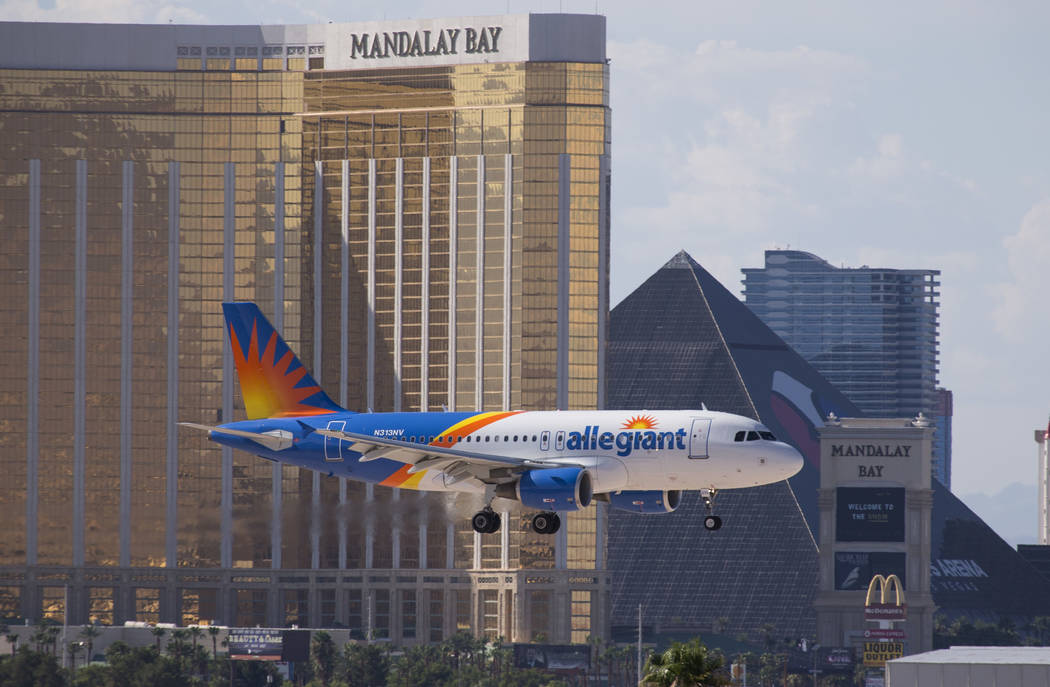 An Allegiant Air flight prepares to land at McCarran International Airport in Las Vegas in 2018 ...