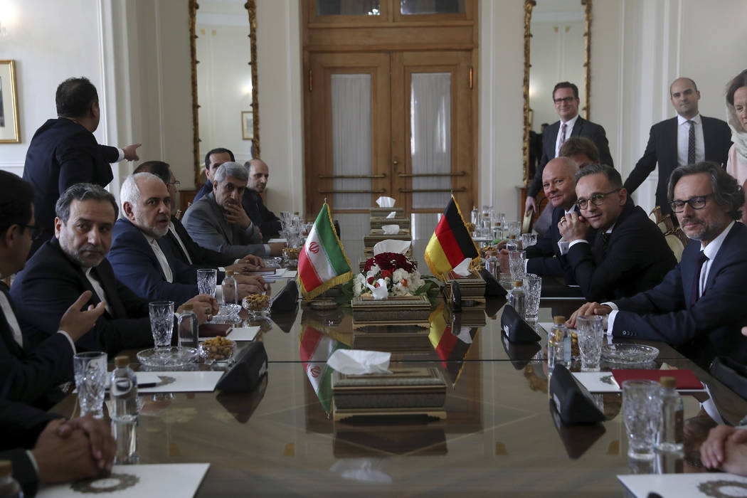 Iranian Foreign Minister Mohammad Javad Zarif, third left, and his German counterpart Heiko Maa ...