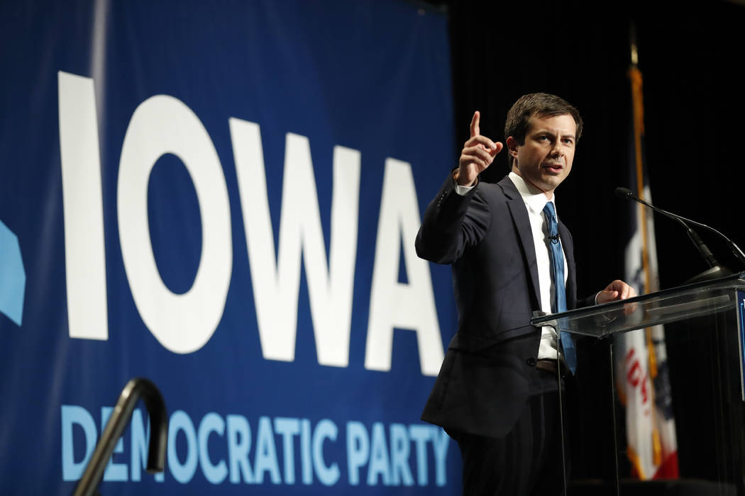 Democratic presidential candidate Pete Buttigieg speaks during the Iowa Democratic Party's Hall ...