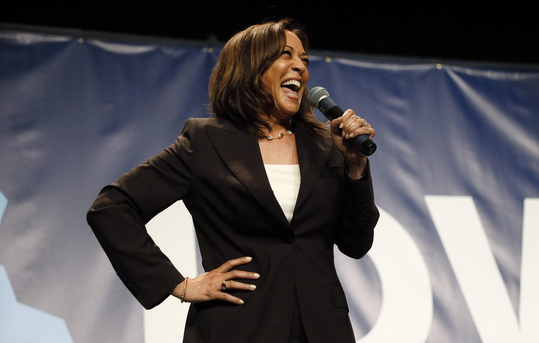 Democratic presidential candidate Kamala Harris speaks during the Iowa Democratic Party's Hall ...