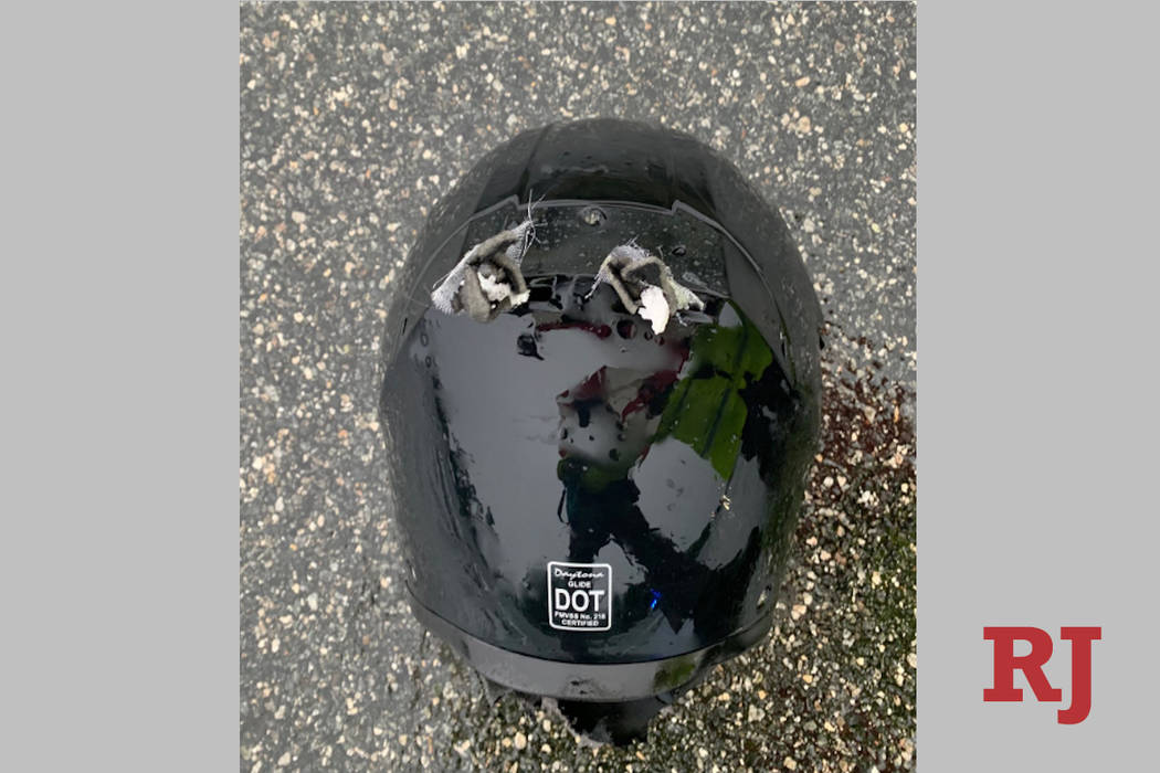 The helmet of a motorcyclist who was struck by lightning in Florida. (FHPOrlando/Twitter)