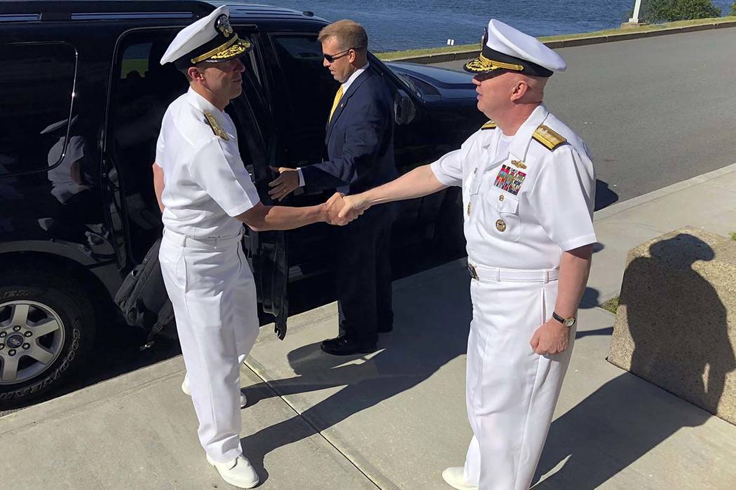 FILE - In this June 12, 2018, file photo, Adm. John Richardson, left, chief of naval operations ...