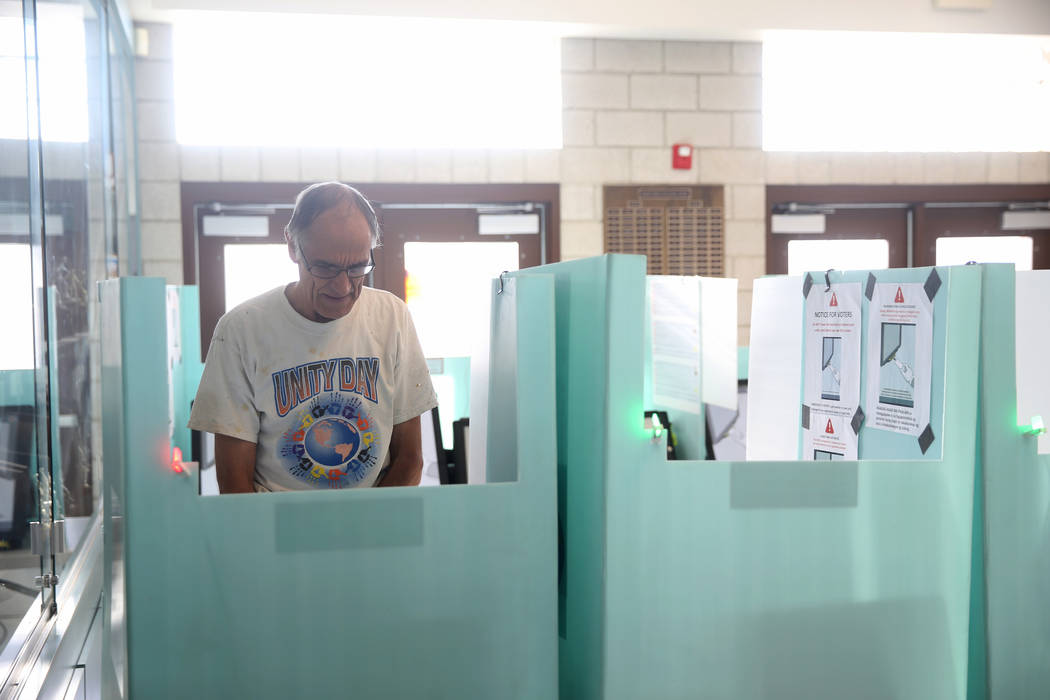 Kim Een of Las Vegas votes in the municipal election at Bonanza High School in Las Vegas, Tuesd ...
