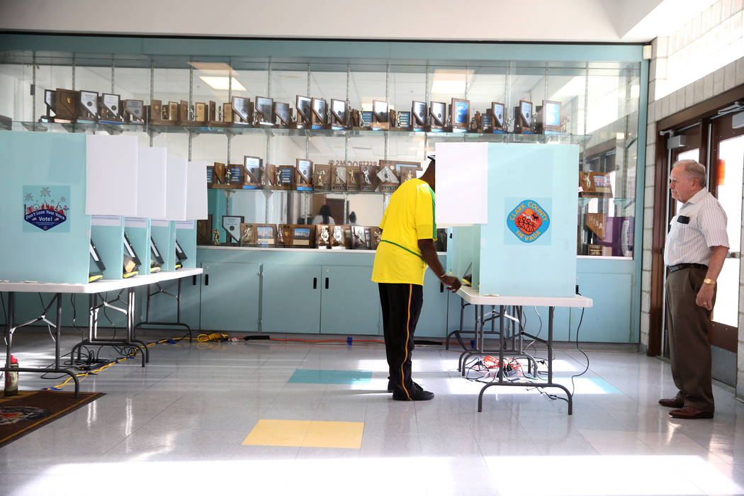 Allen Nelson of Las Vegas votes in the municipal election at Bonanza High School in Las Vegas, ...