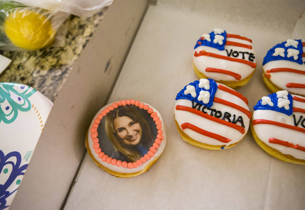 Doughnuts are served during an election night watch party for Las Vegas City Council Ward 2 can ...