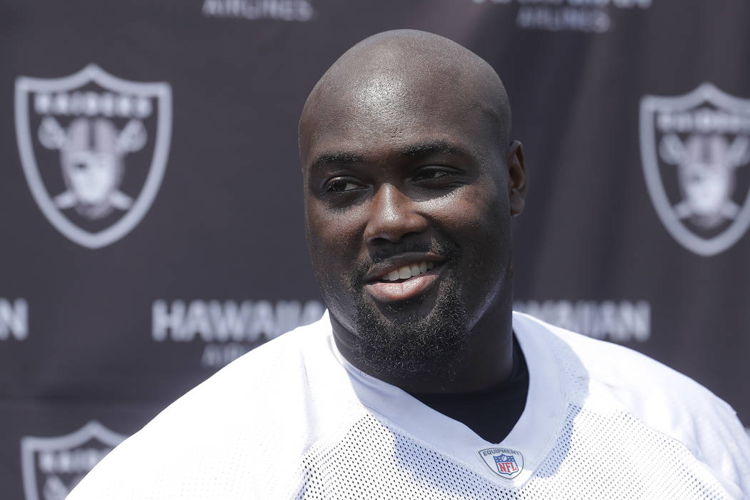 Oakland Raiders guard Rodney Hudson speaks to reporters after NFL football practice in Napa, Ca ...