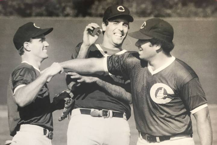 Former Rancho High baseball star Tommy Barrett, left, and Jim Deshaies, center, are shown durin ...