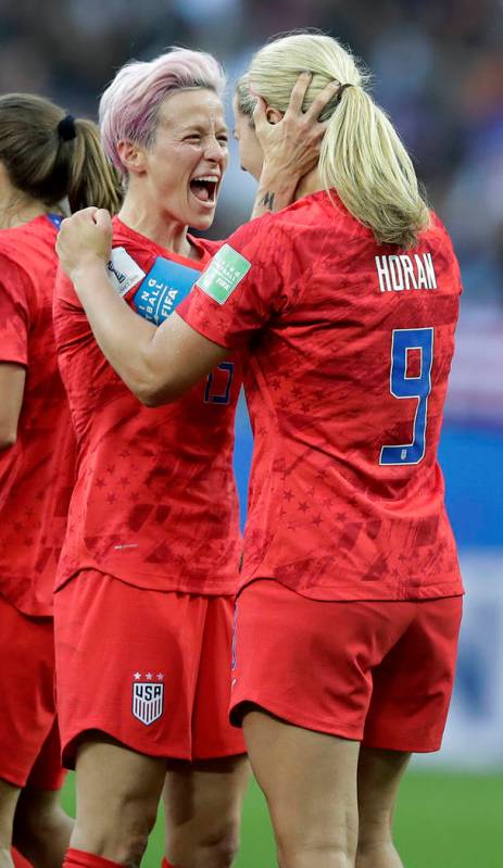 United States' scorer Lindsey Horan, right, and her teammate Megan Rapinoe, left, celebrate the ...