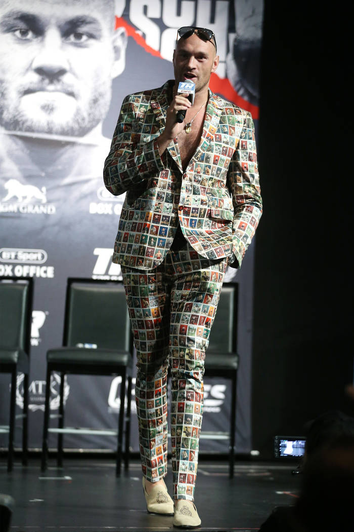 Tyson Fury during a press conference for his upcoming boxing fight at the MGM Grand hotel-casin ...