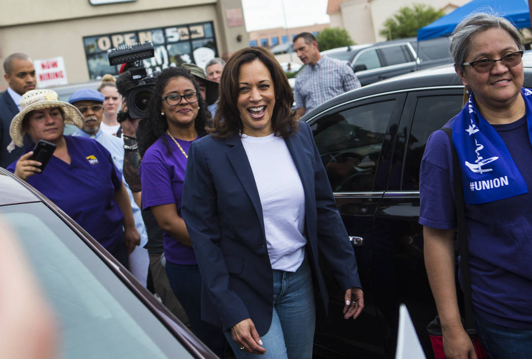 U.S. Sen. Kamala Harris, D-Calif., a Democratic presidential hopeful, greets workers on strike ...