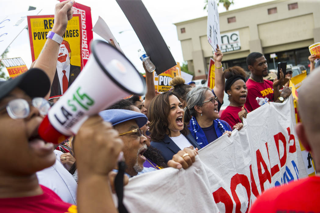 U.S. Sen. Kamala Harris, D-Calif., a Democratic presidential hopeful, joins workers on strike i ...