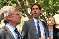 Scott Warren, center, speaks outside federal court, Tuesday, June 11, 2019. in Tucson, Ariz., a ...