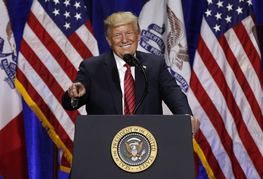 President Donald Trump speaks during the Republican Party of Iowa's America First Dinner, Tuesd ...