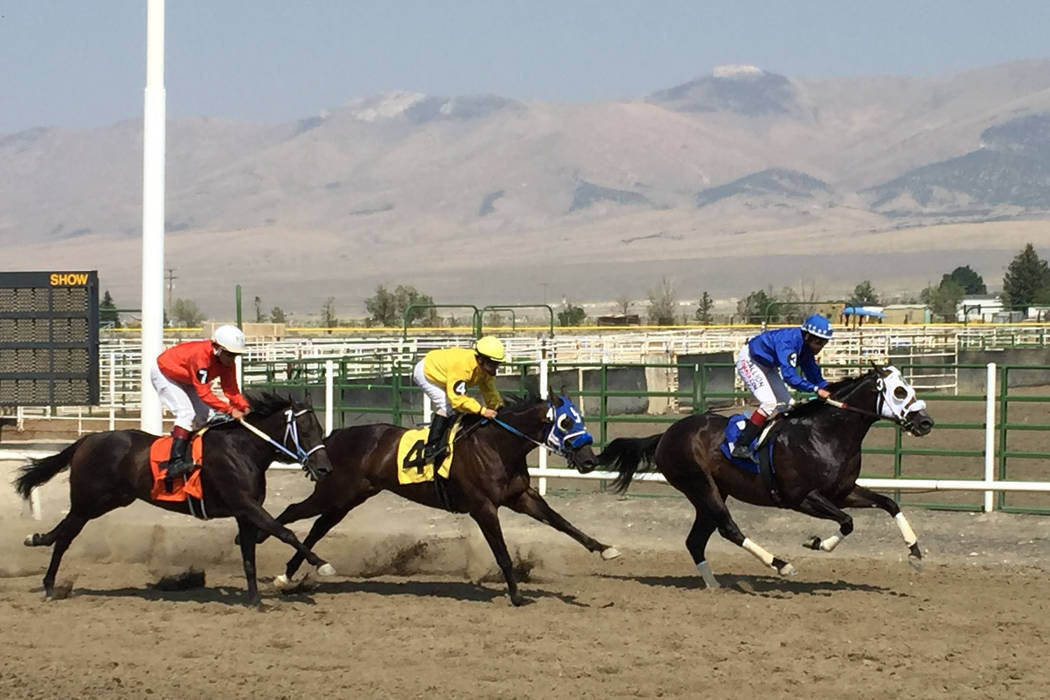 Down the stretch they come at the White Pine Races on Sunday, August 19, 2018 in Ely. (Mike Bru ...