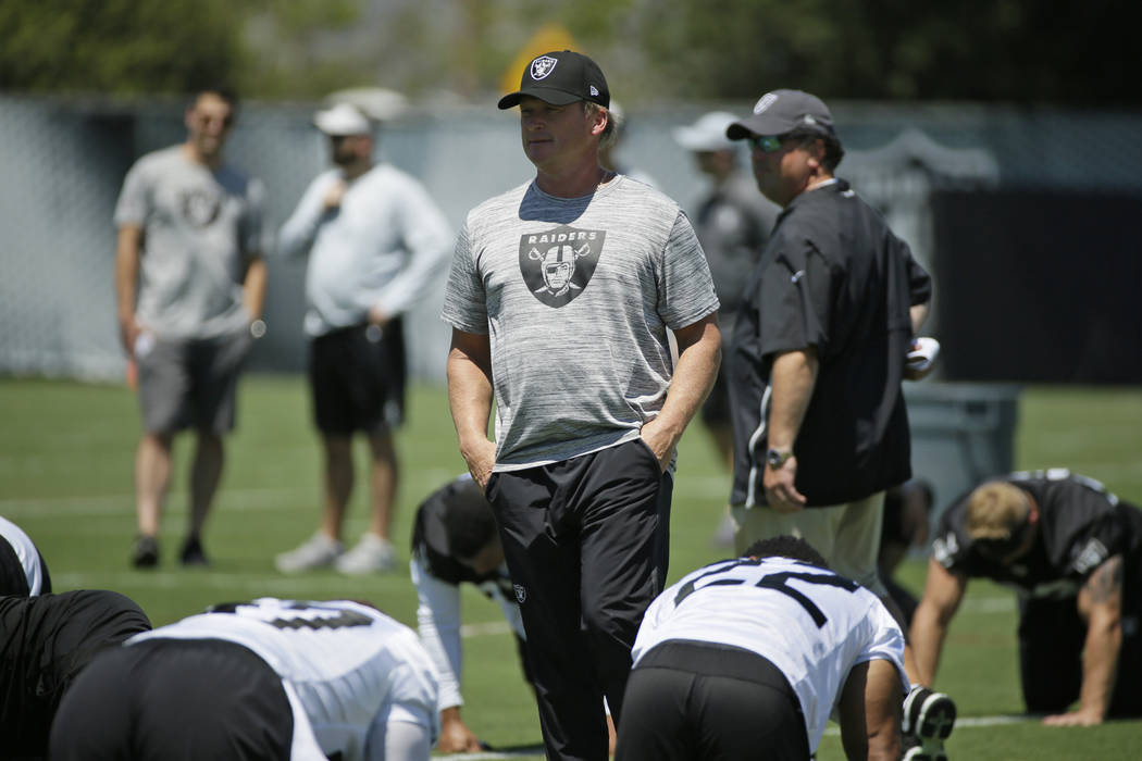 Oakland Raiders head coach Jon Gruden during NFL football minicamp Tuesday, June 11, 2019, in A ...