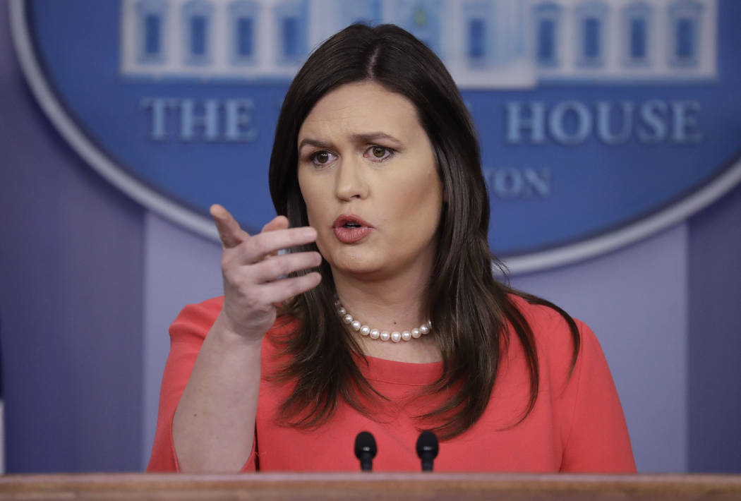 White House press secretary Sarah Sanders speaks during a press briefing at the White House in ...