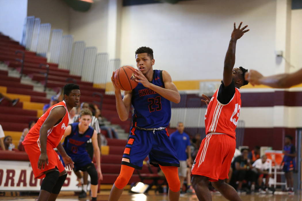 Las Vegas Knicks guard Nick Blake (23) looks for an open shot during his basketball game at Del ...