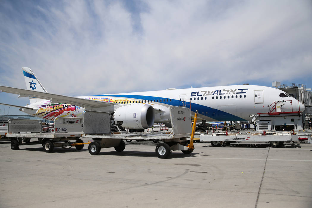 An El Al Israel Airlines flight makes their first flight landing from Tel Aviv, Israel to McCar ...