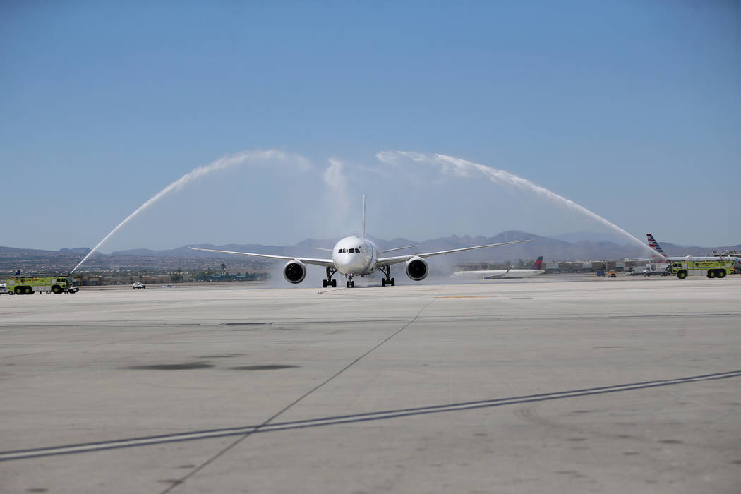 An El Al Israel Airlines flight makes their first flight landing from Tel Aviv, Israel to McCar ...