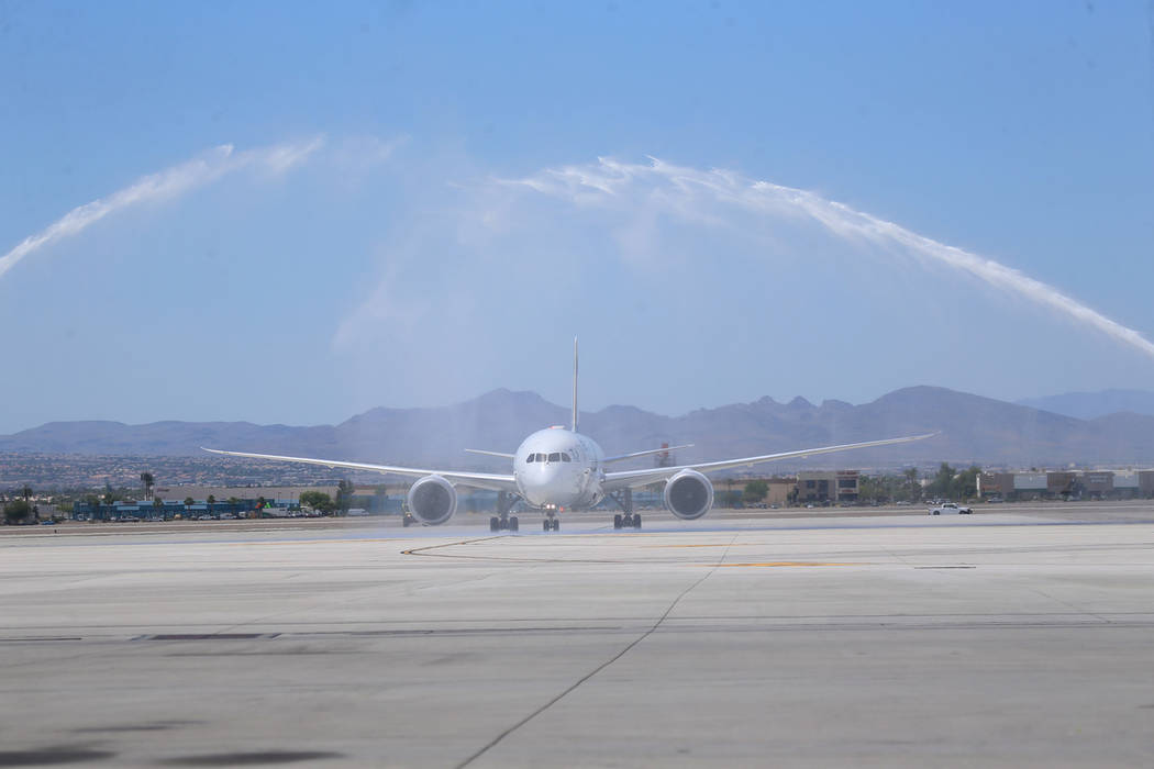 An El Al Israel Airlines flight makes their first flight landing from Tel Aviv, Israel to McCar ...