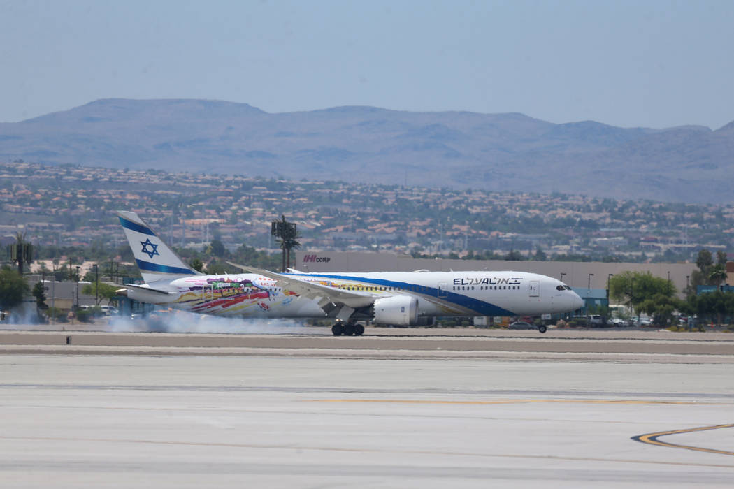 An El Al Israel Airlines flight makes their first flight landing from Tel Aviv, Israel to McCar ...