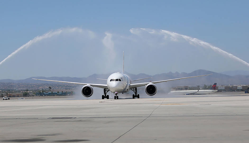 An El Al Israel Airlines flight makes their first flight landing from Tel Aviv, Israel to McCar ...