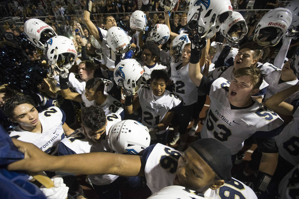Foothill players celebrate a 21-17 victory over Basic at Basic High School in Henderson on Frid ...