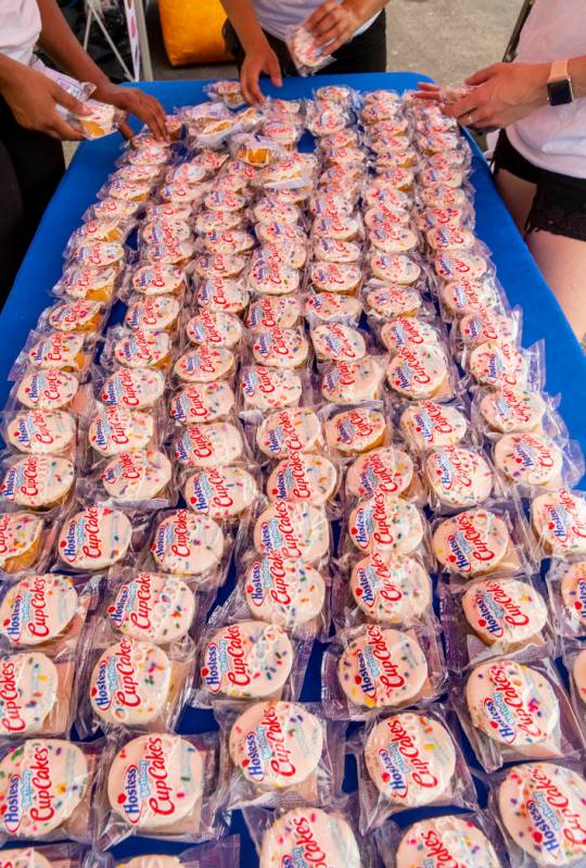 Hostess Birthday Cupcakes are spread onto a sampling table while on a stop at the Hoover Dam in ...