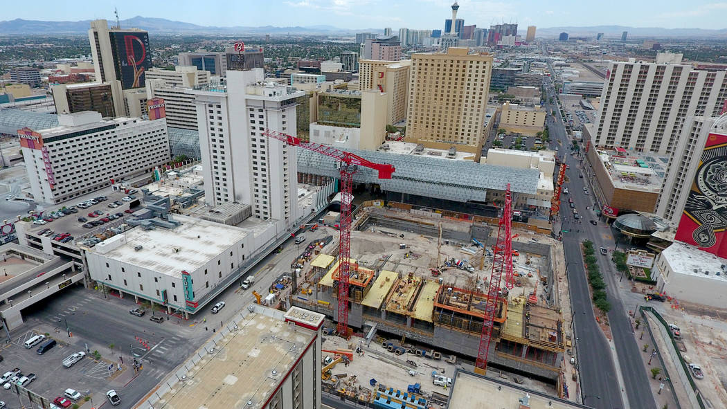 Aerial view of the Circa hotel casino construction site on the edge of the Fremont Street Exper ...