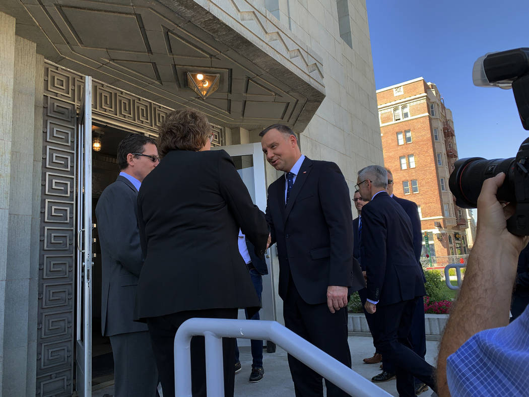 President of Poland Andrzej Duda is greeted by Reno Vice mayor Naomi Duerr as he arrives at the ...