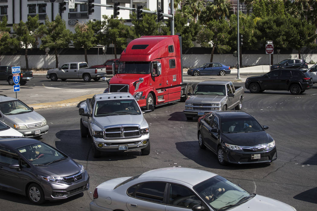 Traffic takes the Sahara Avenue detour off the Interstate 15 northbound due to a scheduled clos ...