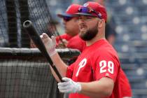 Philadelphia Phillies' Cameron Rupp (29) waits to hit during batting practice before a baseball ...