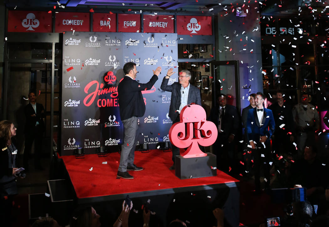 Emmy Award-winning TV host, Jimmy Kimmel, left, and Tony Rodio, right, CEO of Caesars Entertain ...