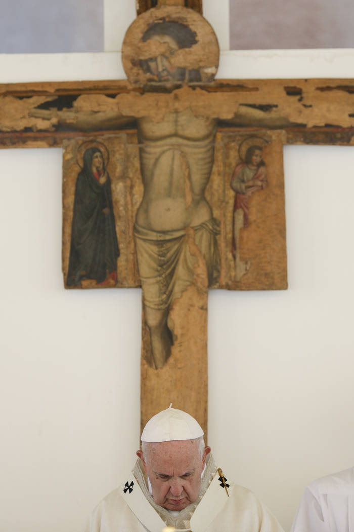 Pope Francis celebrates mass in Camerino, Italy, Sunday, June 16, 2019. The town of Camerino wa ...