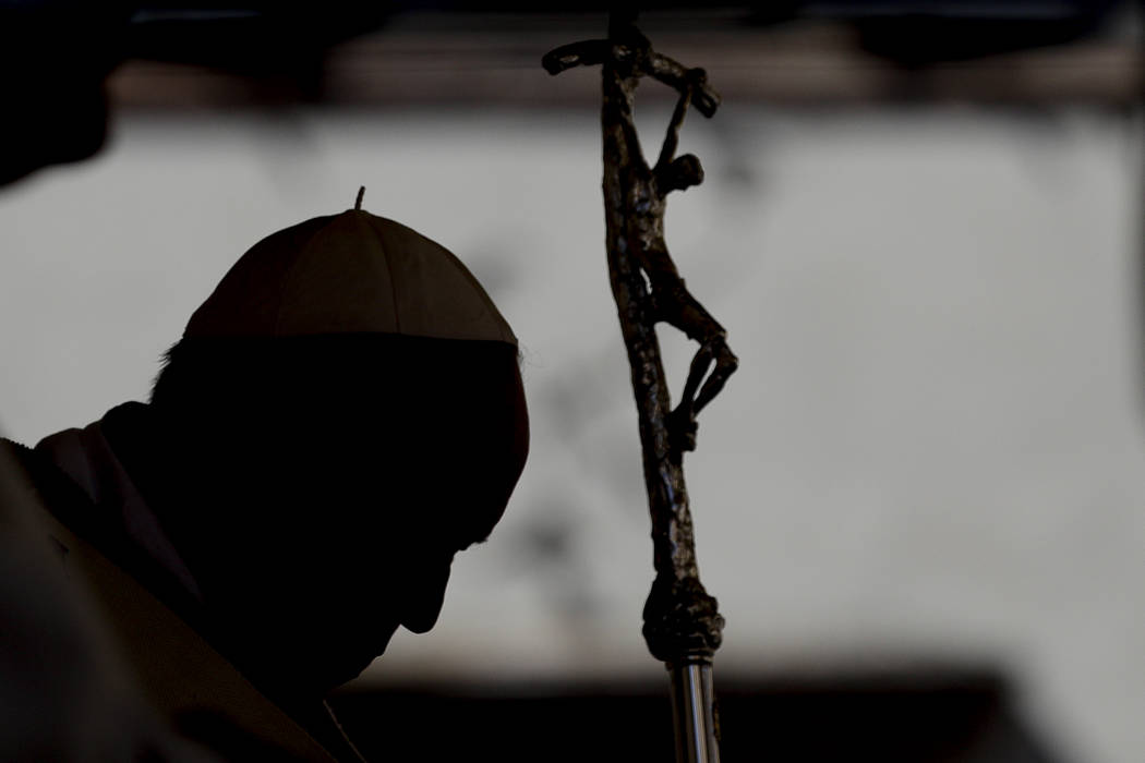 Pope Francis celebrates mass in Camerino, Italy, Sunday, June 16, 2019. The town of Camerino wa ...