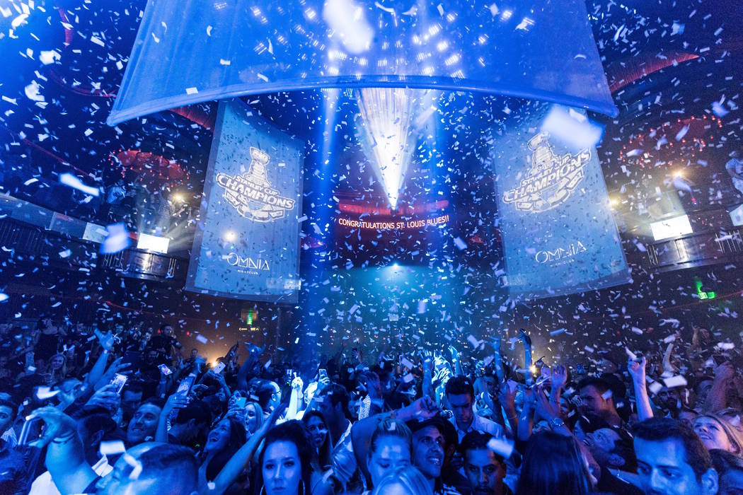 Omnia Nightclub at Caesars Palace takes on a blue hue during the team's victory party at Omnia ...