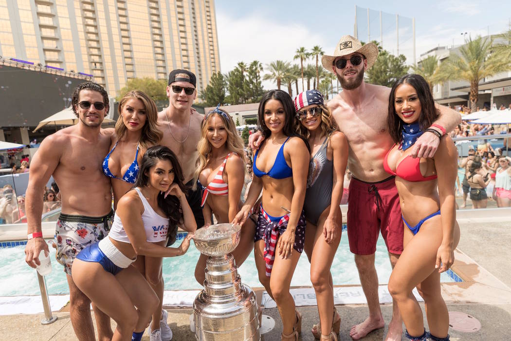 Members of the the St. Louis Blues party with the Stanley Cup at Wet Republic at MGM Grand on S ...