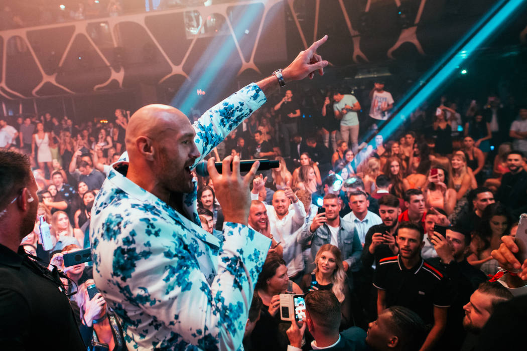 Tyson Fury addresses the crowd at Hakkasan Nightclub at MGM Grand on Saturday, June 15, 2016 (W ...
