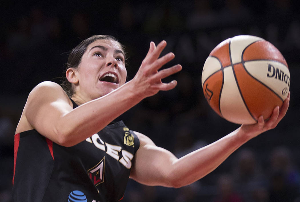 Las Vegas Aces guard Kelsey Plum goes to the rim against the New York Liberty on Friday, June 1 ...