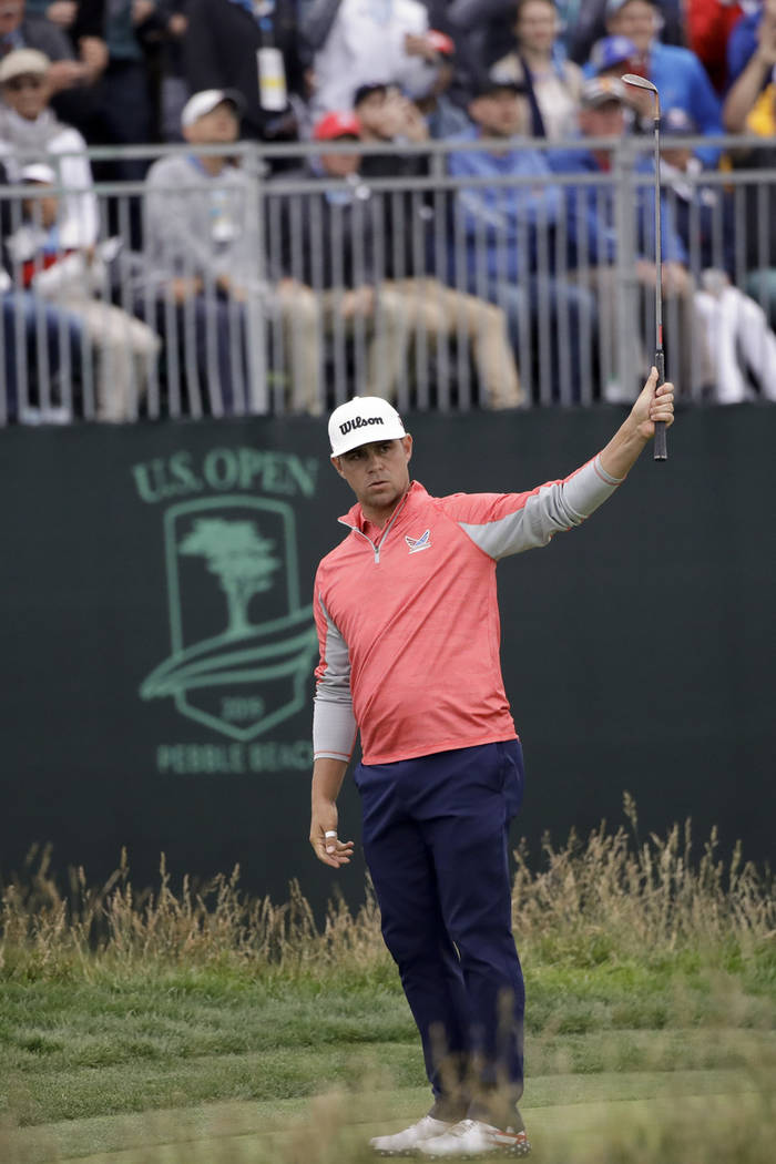 Gary Woodland reacts to his chip off the 17th green during the final round of the U.S. Open Cha ...