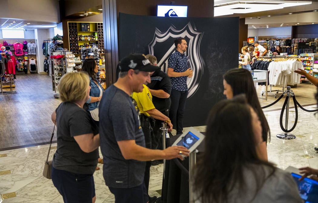 Golden Knights player Mark Stone looks to the line for the next meeting during a fan photo oppo ...