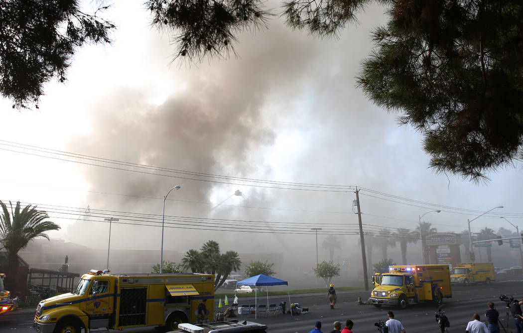 Clark County and Las Vegas fire crews battle a blaze at The Park at 3900 at 3900 Paradise Road, ...