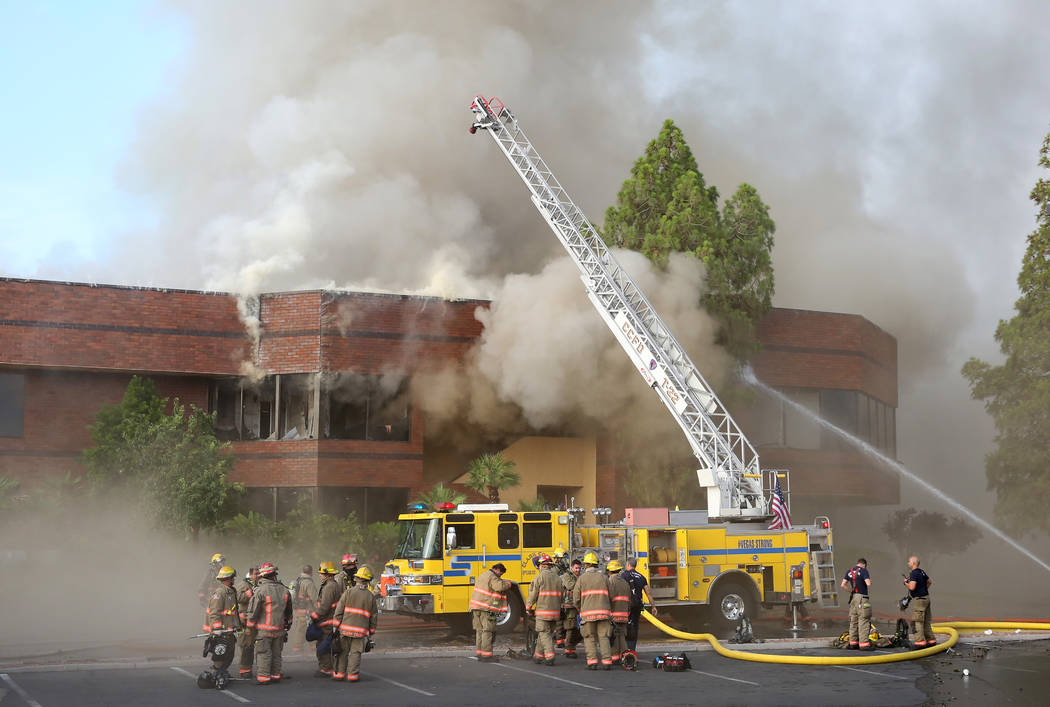 Clark County and Las Vegas fire crews battle a blaze at The Park at 3900 at 3900 Paradise Road, ...