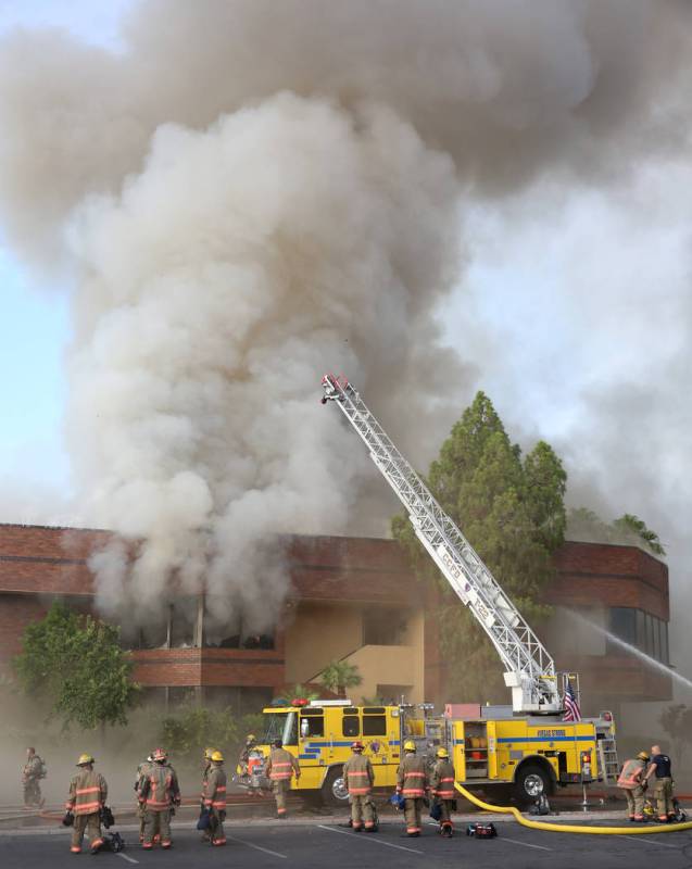 Clark County and Las Vegas fire crews battle a blaze at The Park at 3900 at 3900 Paradise Road, ...