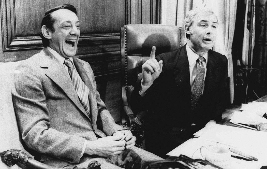 FILE - In this April 1977 file photo, San Francisco Supervisor Harvey Milk, left, and Mayor Geo ...