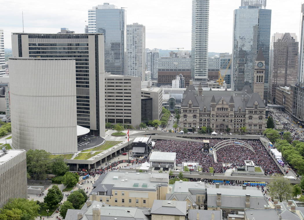 Fans pack Nathan Phillips Square at City Hall ahead of the 2019 Toronto Raptors NBA basketball ...