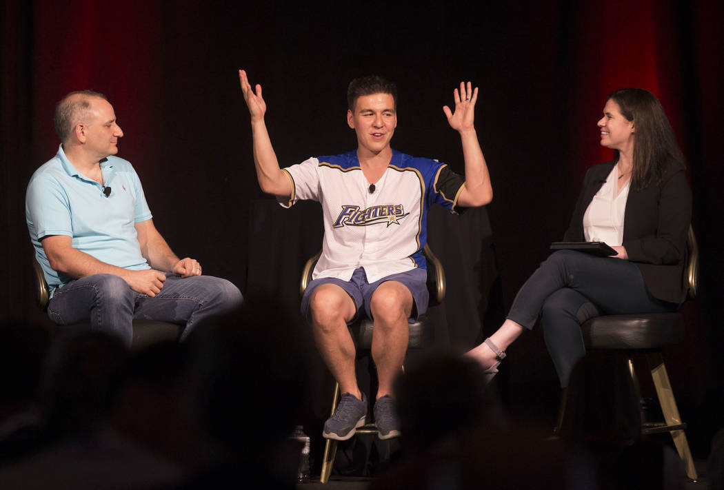 Andy Bloch, left, former member of the MIT blackjack team, “Jeopardy!” champion James Holzh ...