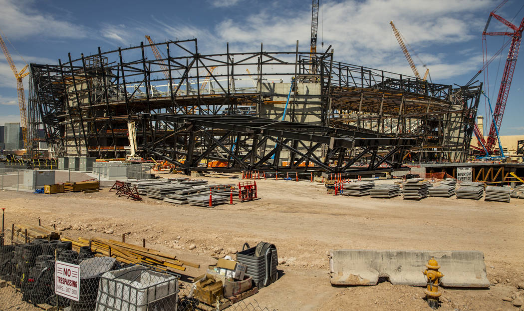 Several trusses are on the ground at the Raiders Stadium where one of the 65-ton steel canopy t ...