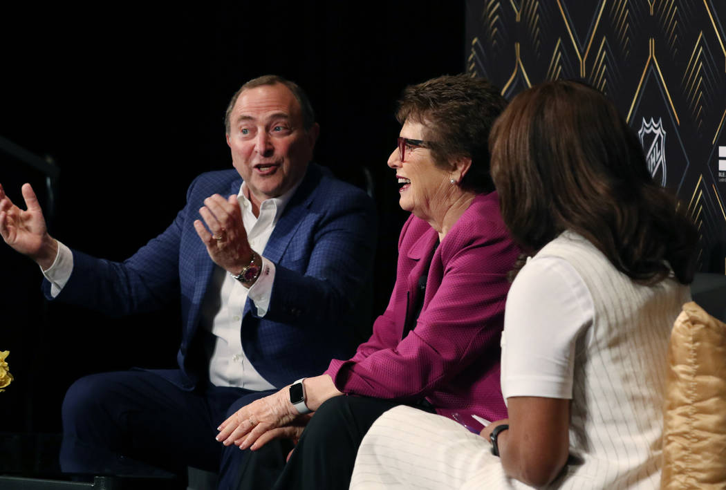 The National Hockey League commissioner Gary Bettman, left, and tennis icon Billie Jean King, c ...