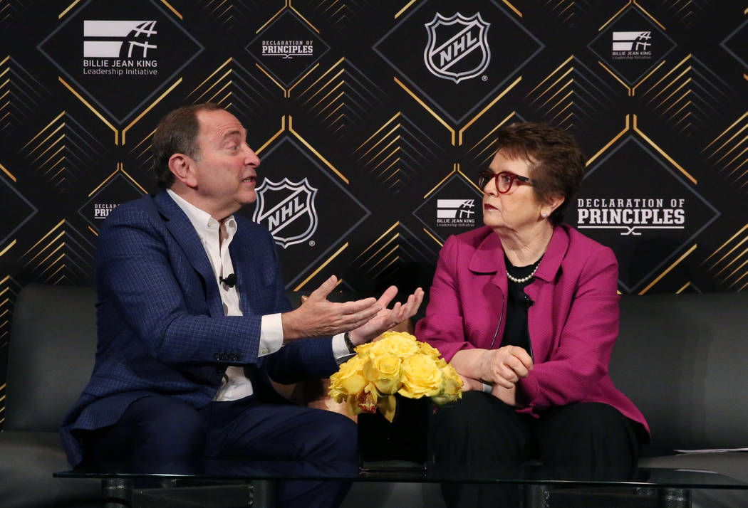 Tennis icon Billie Jean King listens as the National Hockey League commissioner Gary Bettman sp ...